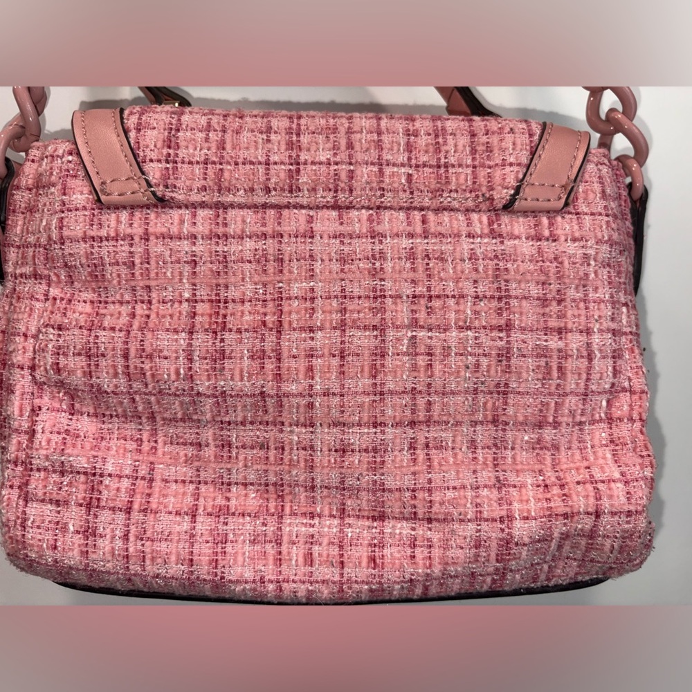 GUESS | Pink Gingham Tweed Crossbody Bag with Leather Trim - Picture 7 of 17